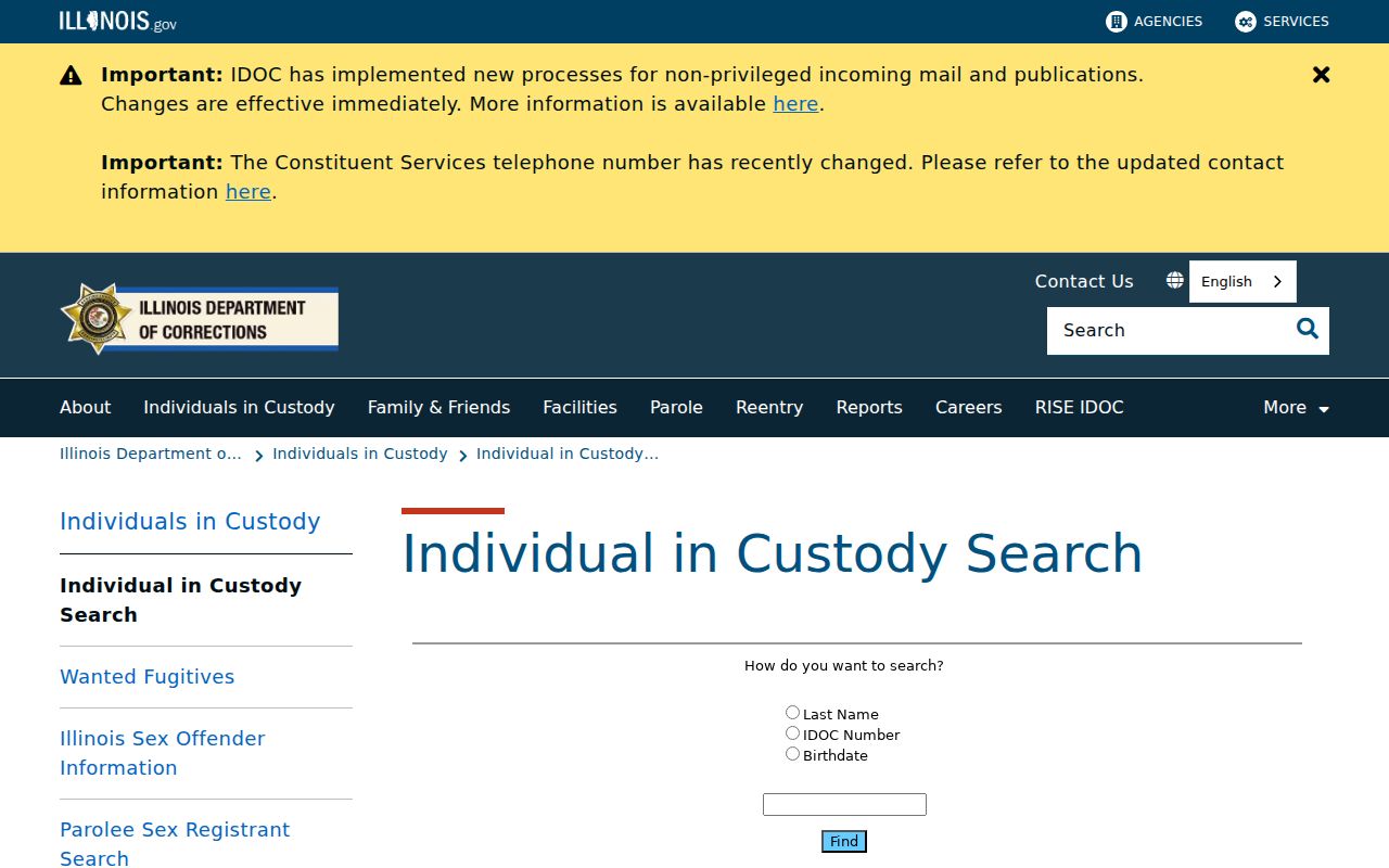 Illinois Department of Corrections custody search page